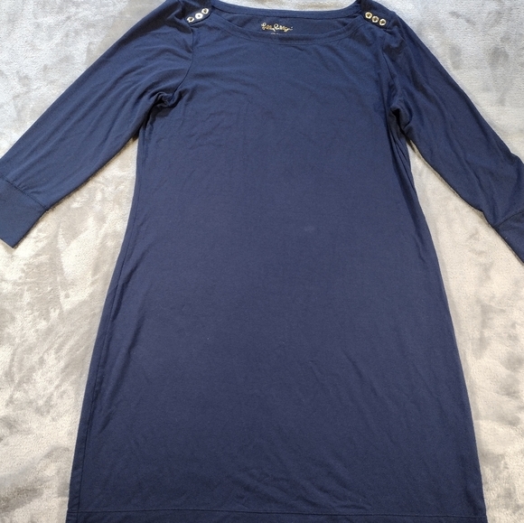 Lilly Pulitzer women navy Blue Sophie boat neck dress gold buttons Stretch L - Picture 2 of 7